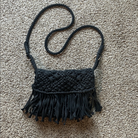 Handbags - Black Woven Fringe Shoulder Bag
